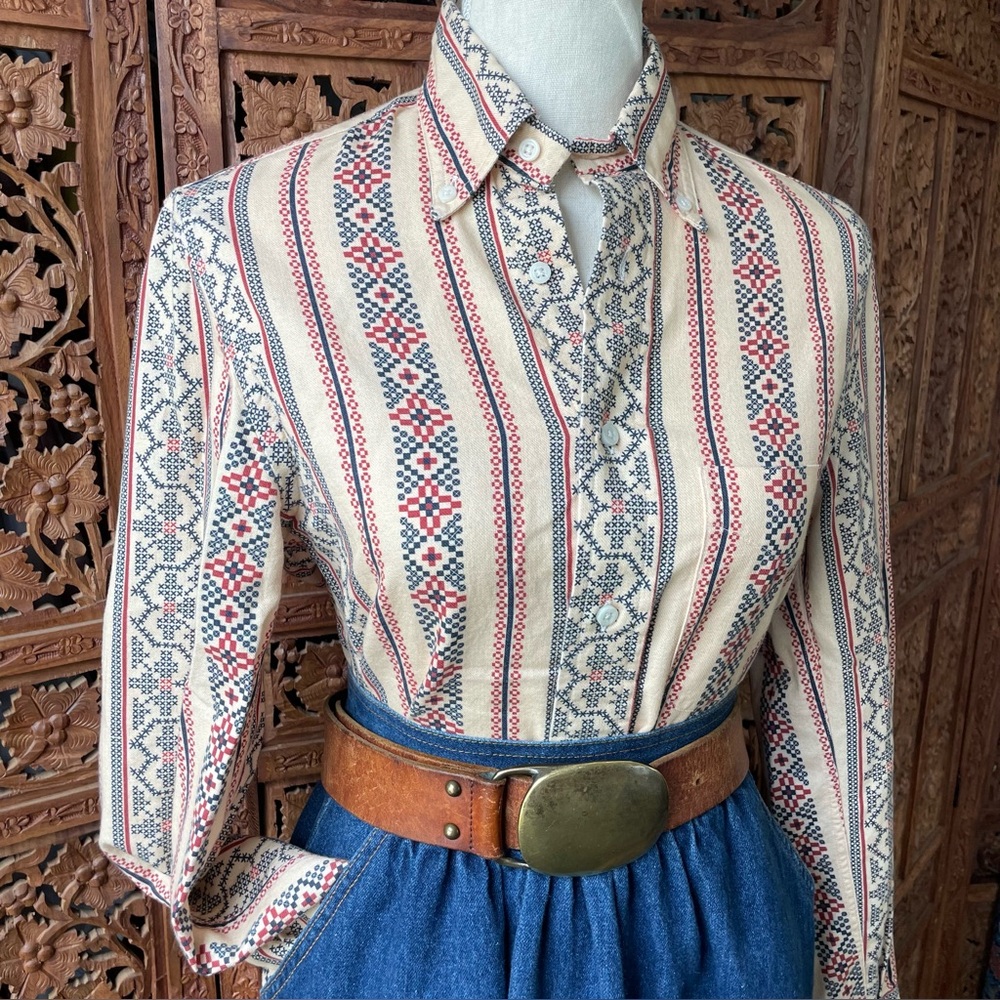 Gitman Bros Vintage Cream Button-Up Shirt with western cross stitch print - Picture 2 of 16